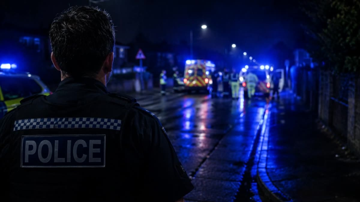 A police officer at an incident scene at night